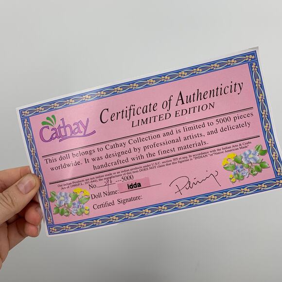 Cathay Collection Indian/Native American 16" Porcelain Doll IDDA w/ Box and COA - Picture 7 of 7